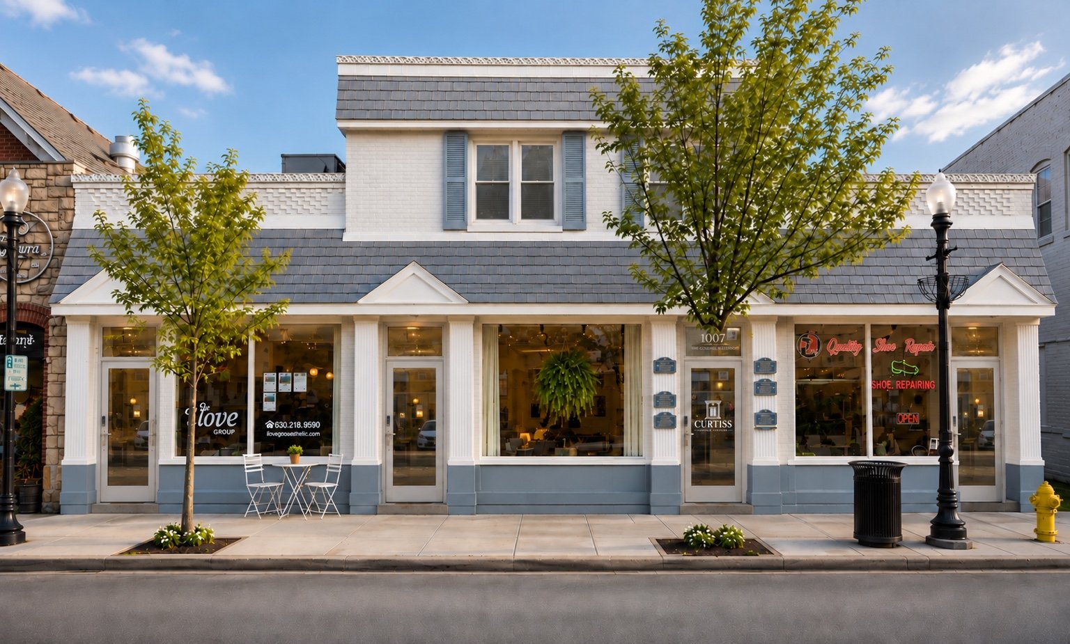 Exterior view of the Curtiss Street property in downtown Downers Grove